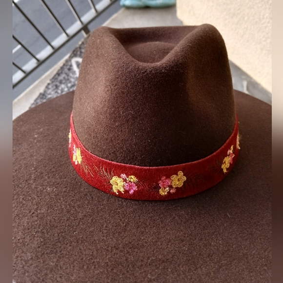Women's WYETH Frida Kahlo Brown WOOL Wide Brim FEDORA HAT Floral Band BOHO Ranch - Picture 4 of 10